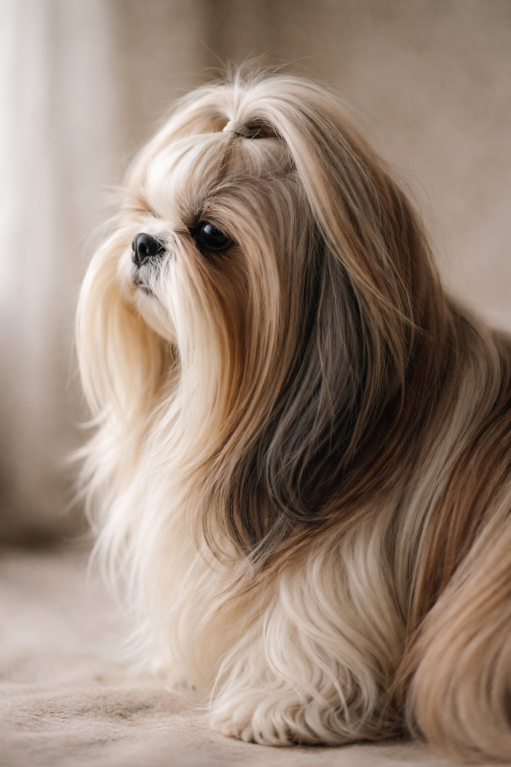 Imagen editorial poética de un Shih Tzu, donde el pelaje largo y cuidado aporta una pausa visual y sensibilidad estética.